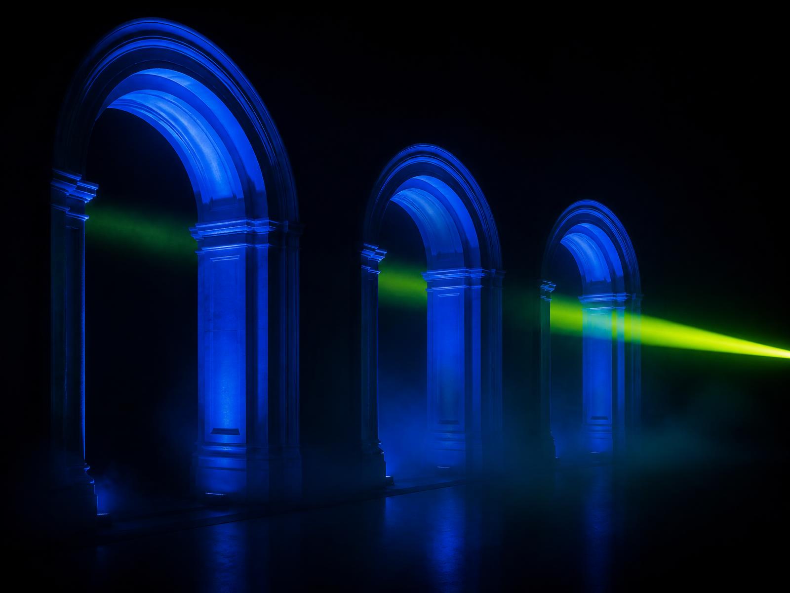 Three glowing arches with a red beam